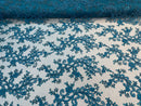 Lace Sequins Fabric - Turquoise - Corded Flower Embroidery Design Mesh Fabric By The Yard