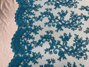 Lace Sequins Fabric - Turquoise - Corded Flower Embroidery Design Mesh Fabric By The Yard