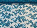 Lace Sequins Fabric - Turquoise - Corded Flower Embroidery Design Mesh Fabric By The Yard