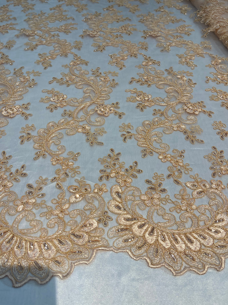 Lace Sequins Fabric - Light Peach - Corded Flower Embroidery Design Mesh Fabric By The Yard
