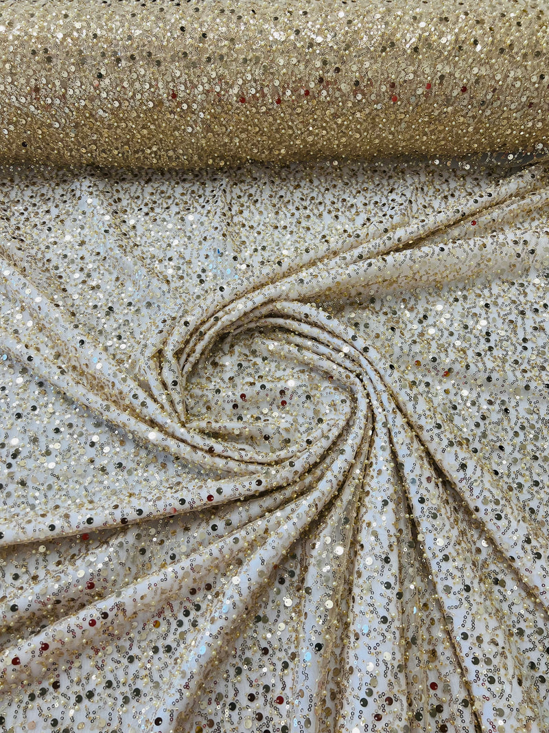 Beaded Mesh Fabric - Light Gold - Embroidered Beaded Wedding Bridal Fabric By The Yard