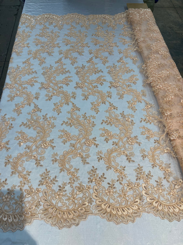 Lace Sequins Fabric - Light Peach - Corded Flower Embroidery Design Mesh Fabric By The Yard