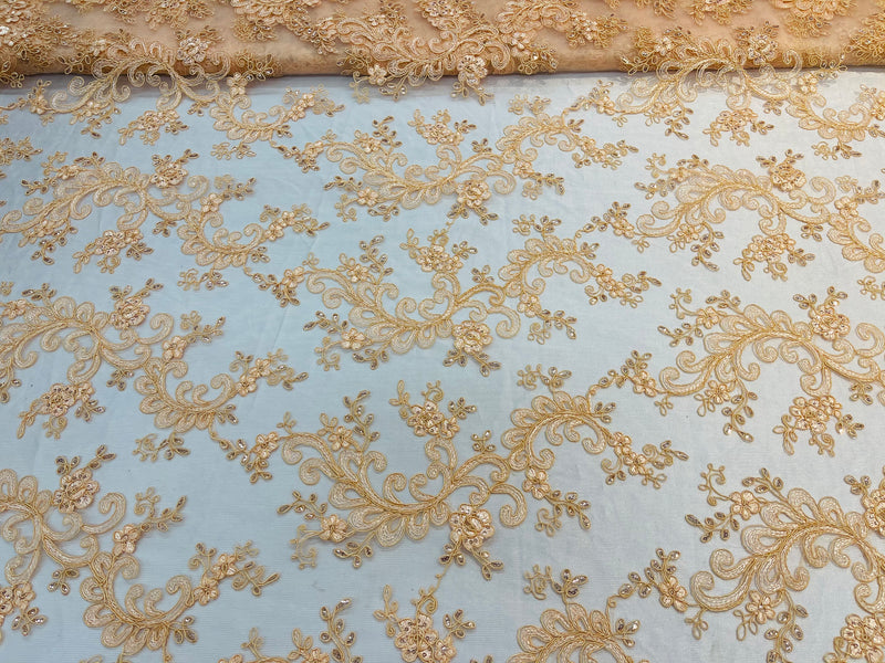 Lace Sequins Fabric - Light Peach - Corded Flower Embroidery Design Mesh Fabric By The Yard