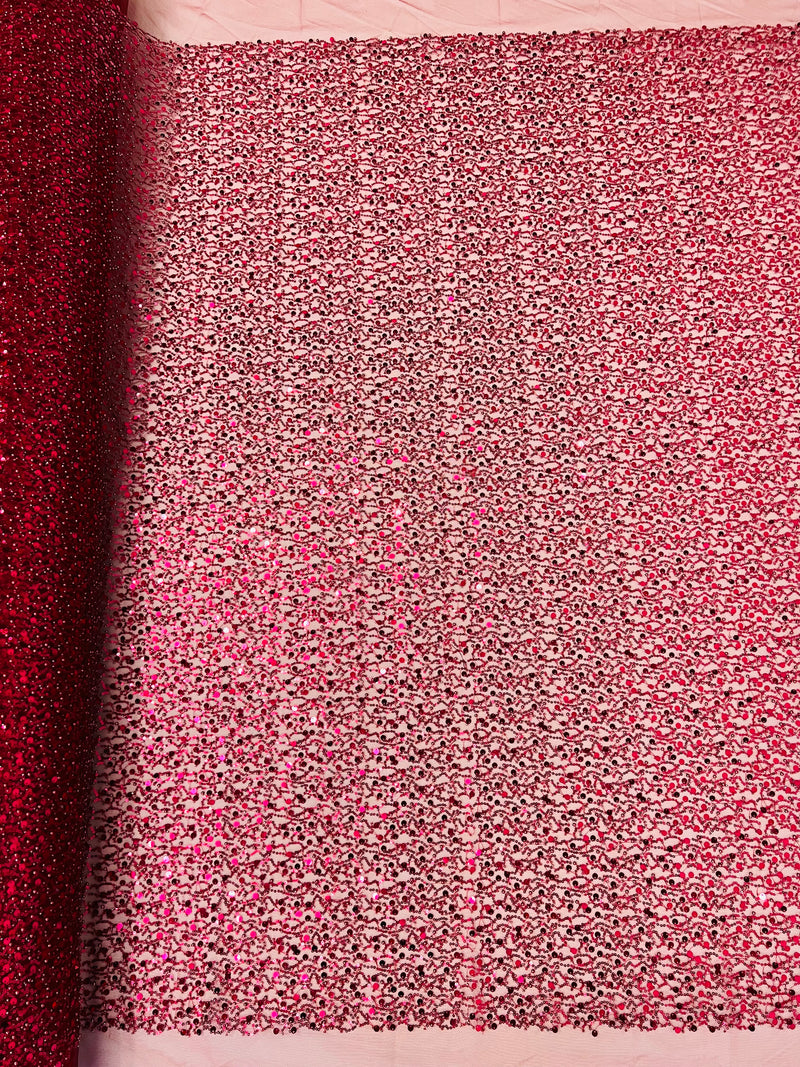Beaded Mesh Fabric - Burgundy - Embroidered Beaded Wedding Bridal Fabric By The Yard