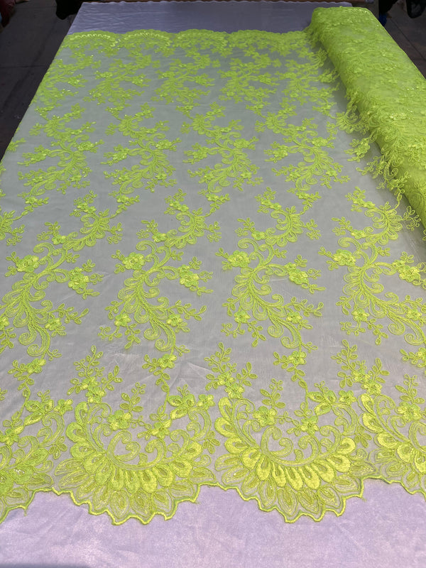 Lace Sequins Fabric - Neon Green - Corded Flower Embroidery Design Mesh Fabric By The Yard