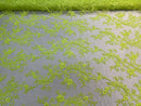 Lace Sequins Fabric - Neon Green - Corded Flower Embroidery Design Mesh Fabric By The Yard