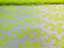 Lace Sequins Fabric - Neon Green - Corded Flower Embroidery Design Mesh Fabric By The Yard