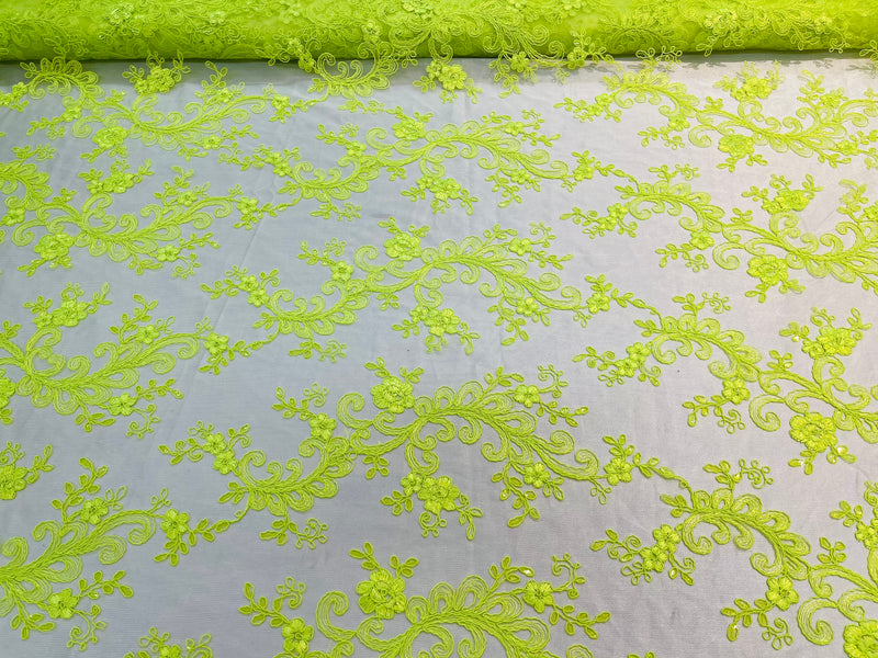 Lace Sequins Fabric - Neon Green - Corded Flower Embroidery Design Mesh Fabric By The Yard