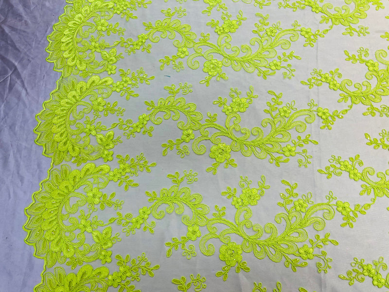 Lace Sequins Fabric - Neon Green - Corded Flower Embroidery Design Mesh Fabric By The Yard