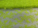 Lace Sequins Fabric - Neon Green - Corded Flower Embroidery Design Mesh Fabric By The Yard