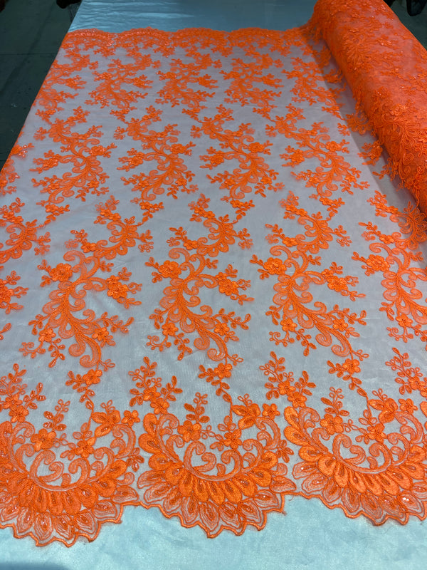 Lace Sequins Fabric - Neon Orange - Corded Flower Embroidery Design Mesh Fabric By The Yard