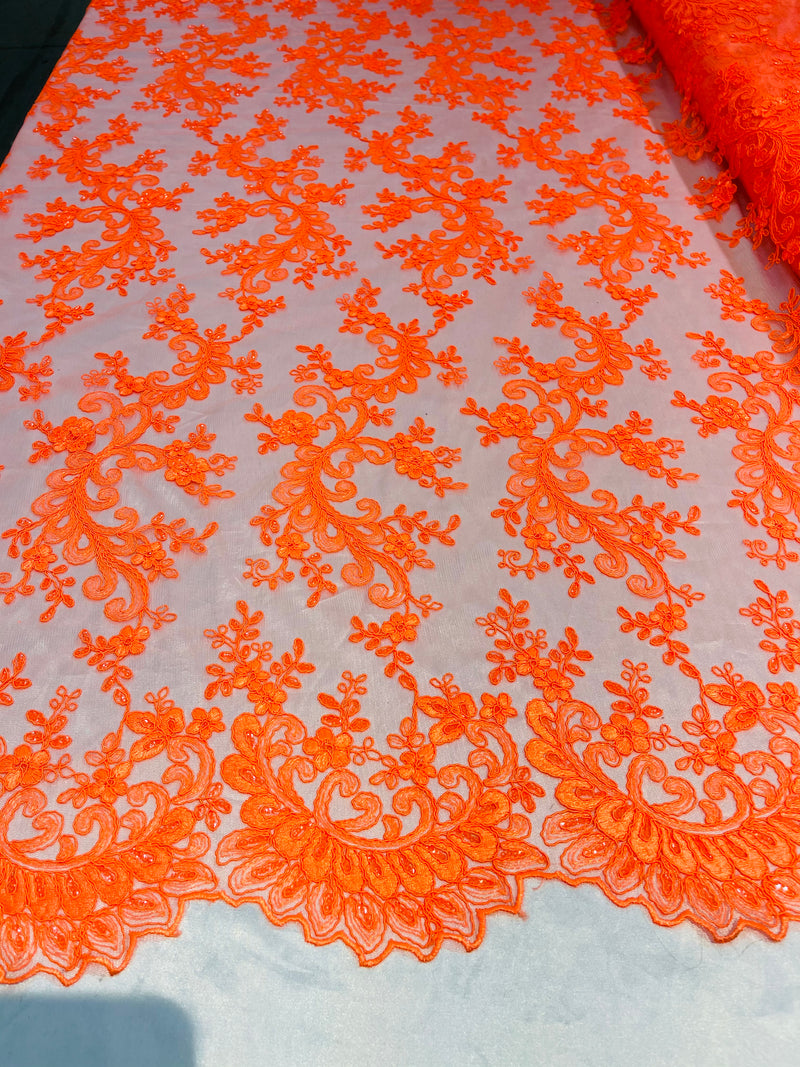 Lace Sequins Fabric - Neon Orange - Corded Flower Embroidery Design Mesh Fabric By The Yard