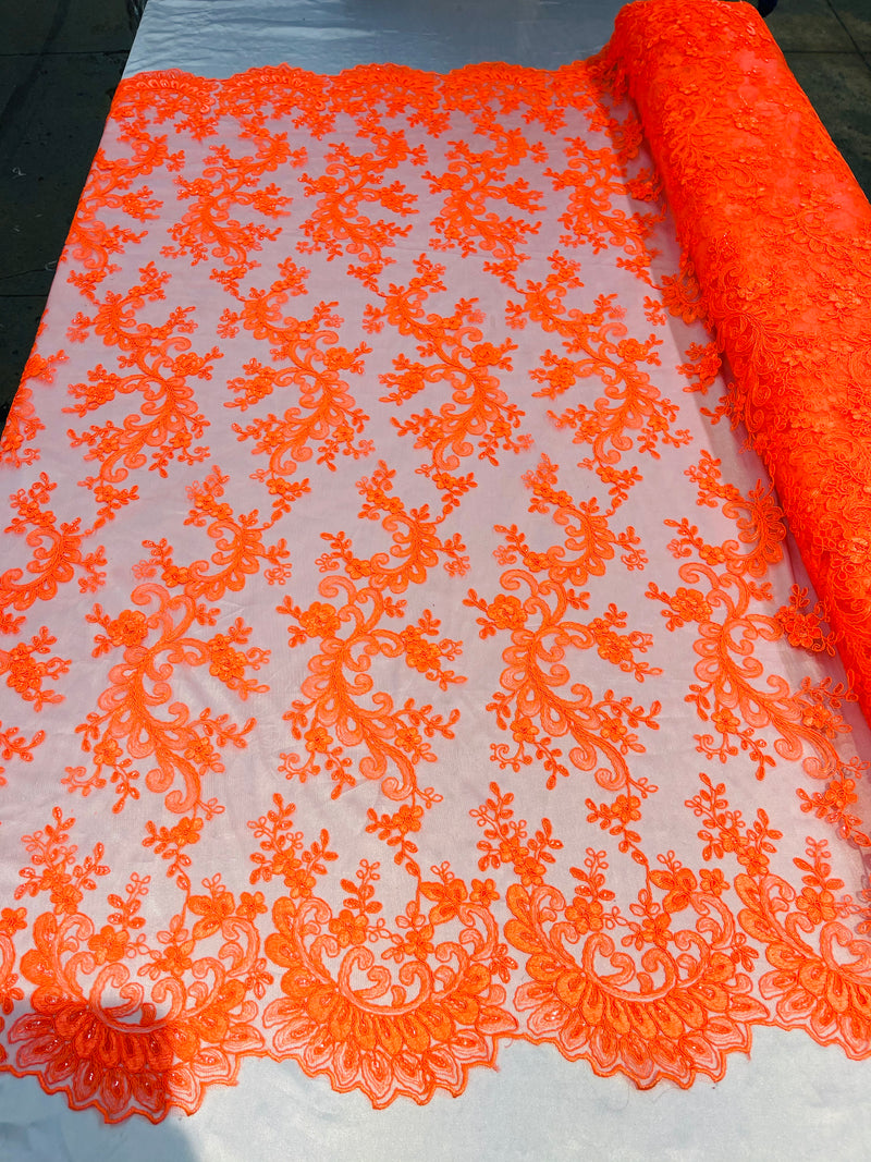 Lace Sequins Fabric - Neon Orange - Corded Flower Embroidery Design Mesh Fabric By The Yard