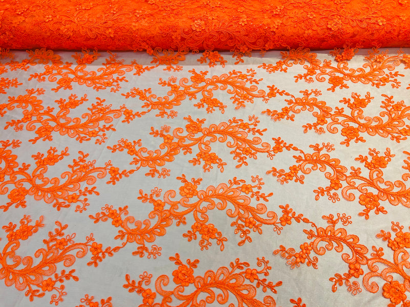 Lace Sequins Fabric - Neon Orange - Corded Flower Embroidery Design Mesh Fabric By The Yard