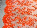 Lace Sequins Fabric - Neon Orange - Corded Flower Embroidery Design Mesh Fabric By The Yard