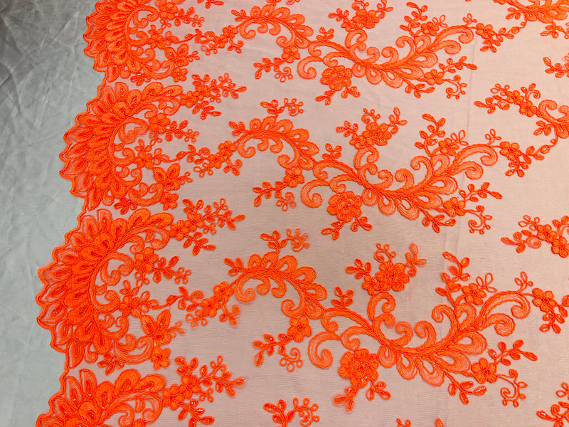 Lace Sequins Fabric - Neon Orange - Corded Flower Embroidery Design Mesh Fabric By The Yard