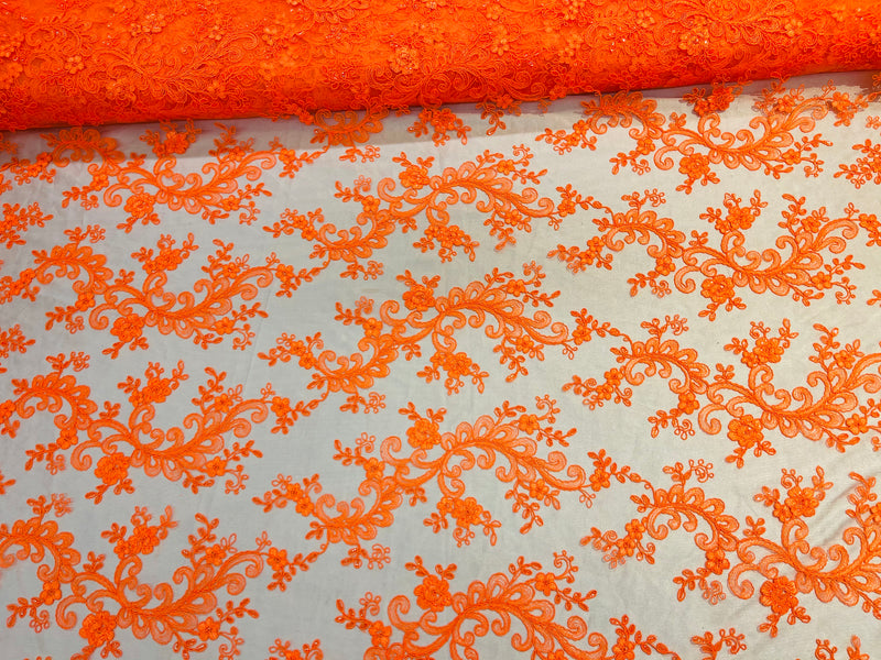 Lace Sequins Fabric - Neon Orange - Corded Flower Embroidery Design Mesh Fabric By The Yard