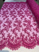 Lace Sequins Fabric - Magenta  - Corded Flower Embroidery Design Mesh Fabric By The Yard
