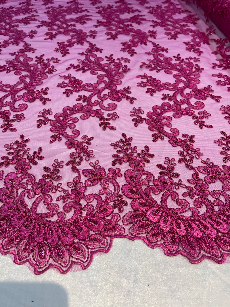 Lace Sequins Fabric - Magenta  - Corded Flower Embroidery Design Mesh Fabric By The Yard