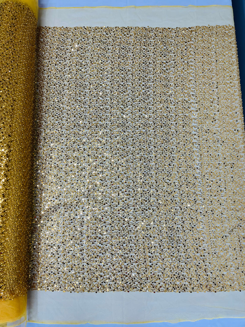 Beaded Mesh Fabric - Gold - Embroidered Beaded Wedding Bridal Fabric By The Yard