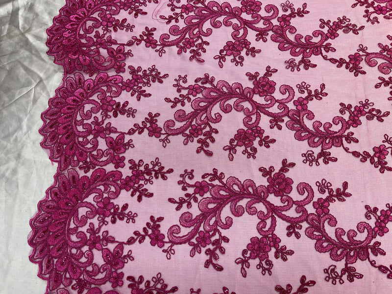 Lace Sequins Fabric - Magenta  - Corded Flower Embroidery Design Mesh Fabric By The Yard