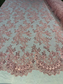 Lace Sequins Fabric - Pink - Corded Flower Embroidery Design Mesh Fabric By The Yard