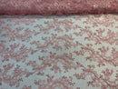 Lace Sequins Fabric - Pink - Corded Flower Embroidery Design Mesh Fabric By The Yard