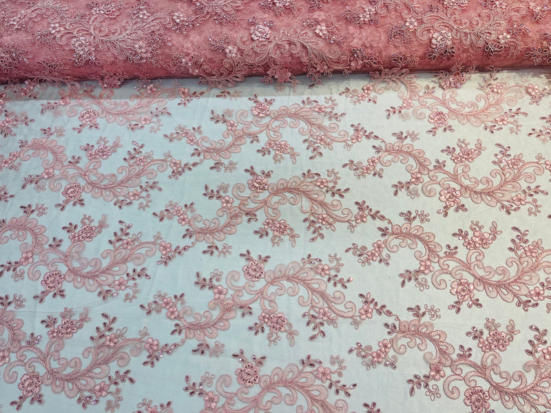 Lace Sequins Fabric - Pink - Corded Flower Embroidery Design Mesh Fabric By The Yard