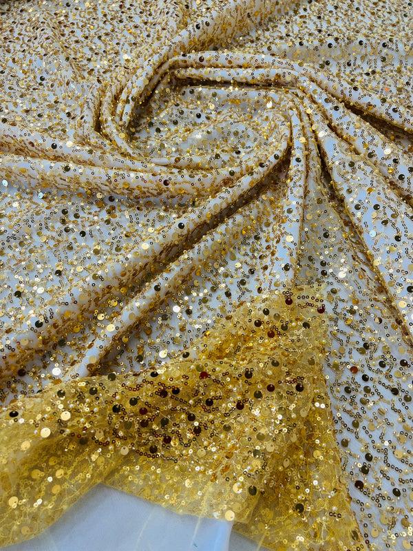 Beaded Mesh Fabric - Gold - Embroidered Beaded Wedding Bridal Fabric By The Yard