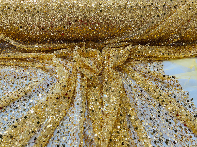 Beaded Mesh Fabric - Gold - Embroidered Beaded Wedding Bridal Fabric By The Yard