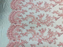 Lace Sequins Fabric - Pink - Corded Flower Embroidery Design Mesh Fabric By The Yard