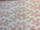 Lace Sequins Fabric - Pink - Corded Flower Embroidery Design Mesh Fabric By The Yard