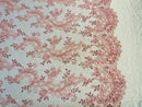 Lace Sequins Fabric - Pink - Corded Flower Embroidery Design Mesh Fabric By The Yard
