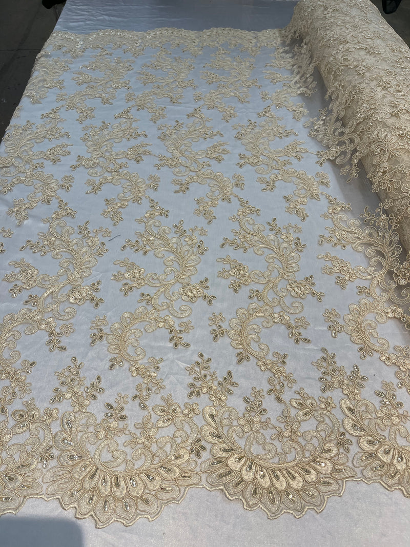 Lace Sequins Fabric - Light Beige - Corded Flower Embroidery Design Mesh Fabric By The Yard