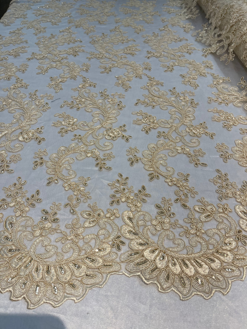 Lace Sequins Fabric - Light Beige - Corded Flower Embroidery Design Mesh Fabric By The Yard
