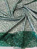Beaded Mesh Fabric - Hunter Green - Embroidered Beaded Wedding Bridal Fabric By The Yard