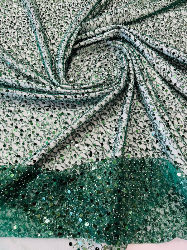 Beaded Mesh Fabric - Hunter Green - Embroidered Beaded Wedding Bridal Fabric By The Yard