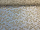 Lace Sequins Fabric - Light Beige - Corded Flower Embroidery Design Mesh Fabric By The Yard