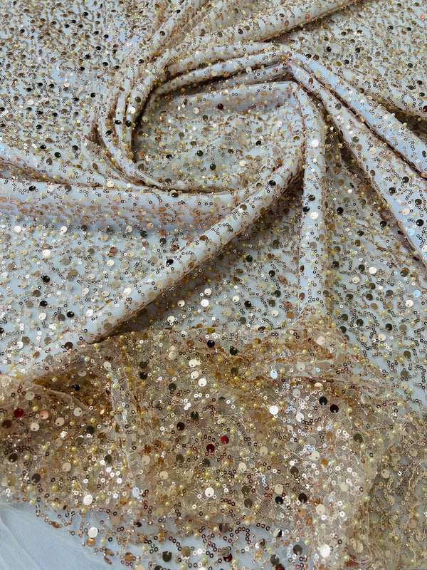 Beaded Mesh Fabric - Champagne - Embroidered Beaded Wedding Bridal Fabric By The Yard