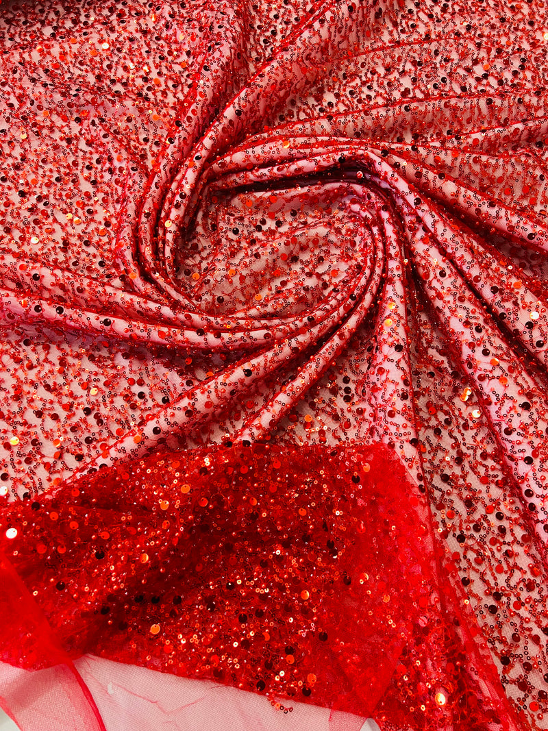 Beaded Mesh Fabric - Red - Embroidered Beaded Wedding Bridal Fabric By The Yard