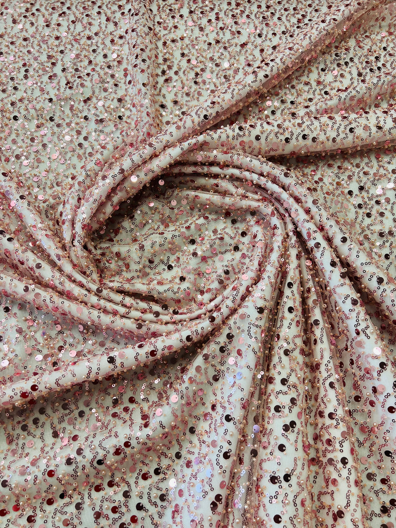 Beaded Mesh Fabric - Dusty Rose - Embroidered Beaded Wedding Bridal Fabric By The Yard