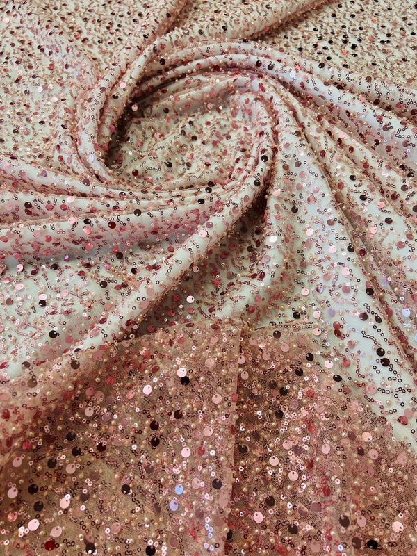 Beaded Mesh Fabric - Dusty Rose - Embroidered Beaded Wedding Bridal Fabric By The Yard