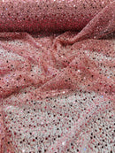 Beaded Mesh Fabric - Dusty Rose - Embroidered Beaded Wedding Bridal Fabric By The Yard