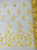 3D Floral Fancy Fabric - Gold - Embroidered Roses Pattern on Mesh Fabric Sold by Yard
