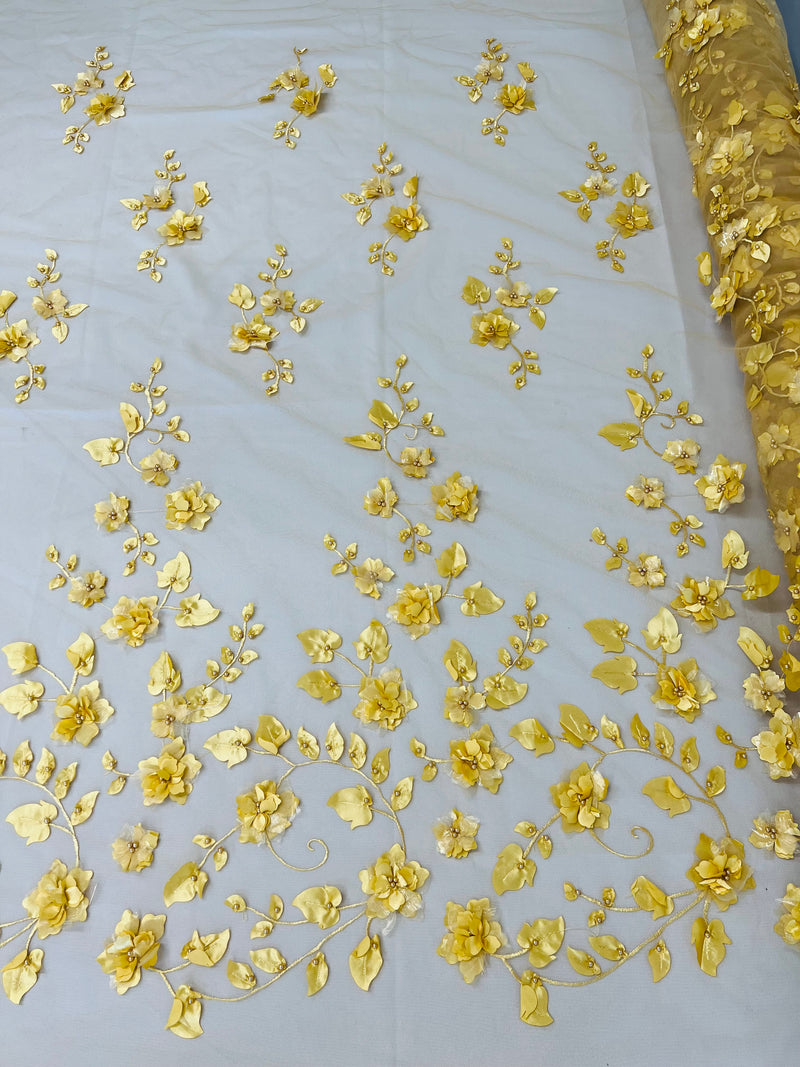 3D Floral Fancy Fabric - Gold - Embroidered Roses Pattern on Mesh Fabric Sold by Yard