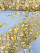 3D Floral Fancy Fabric - Gold - Embroidered Roses Pattern on Mesh Fabric Sold by Yard