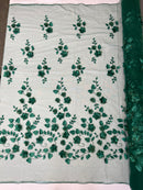 3D Floral Fancy Fabric - Hunter Green - Embroidered Roses Pattern on Mesh Fabric Sold by Yard