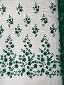 3D Floral Fancy Fabric - Hunter Green - Embroidered Roses Pattern on Mesh Fabric Sold by Yard