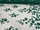 3D Floral Fancy Fabric - Hunter Green - Embroidered Roses Pattern on Mesh Fabric Sold by Yard