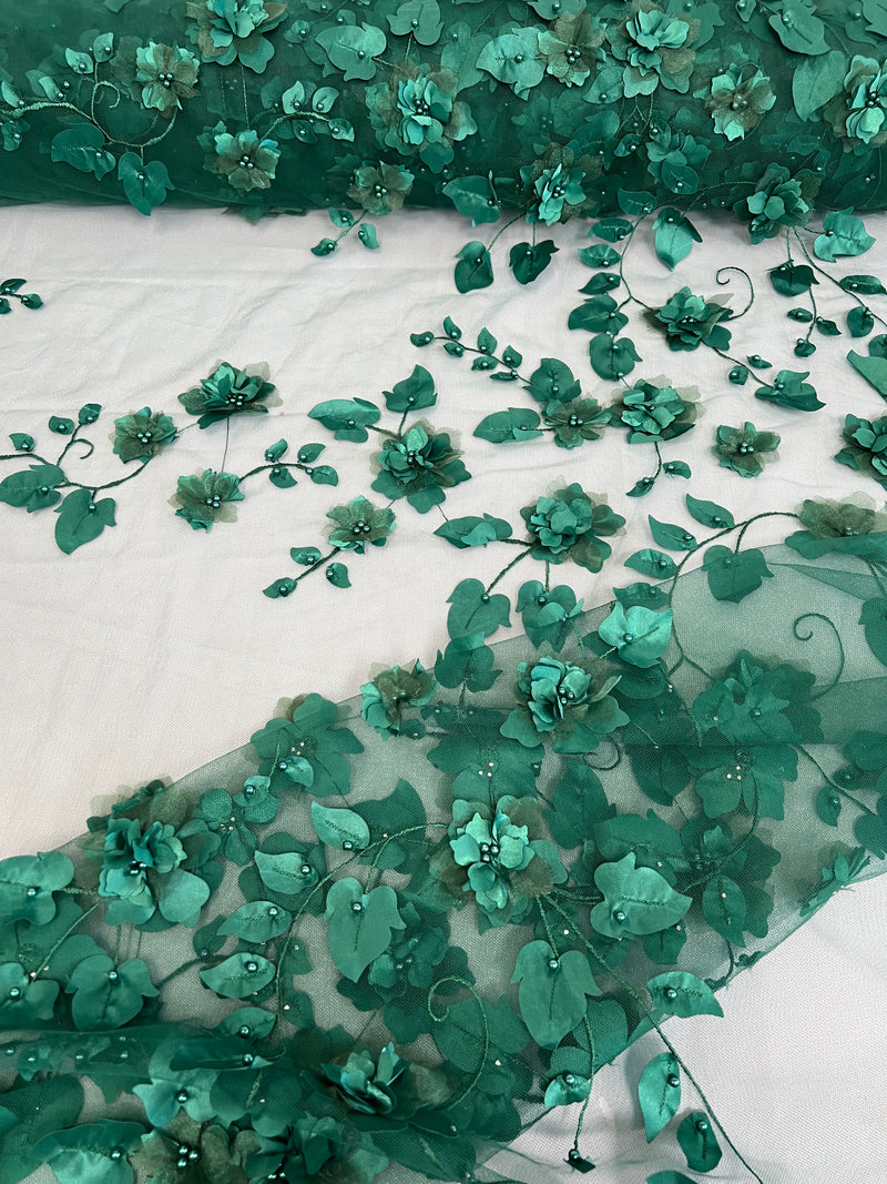 3D Floral Fancy Fabric - Hunter Green - Embroidered Roses Pattern on Mesh Fabric Sold by Yard